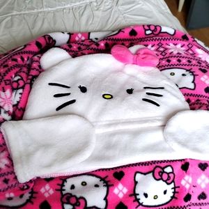 Hello Kitty Blanket with Hood & Hand Covers Fair Isle Print